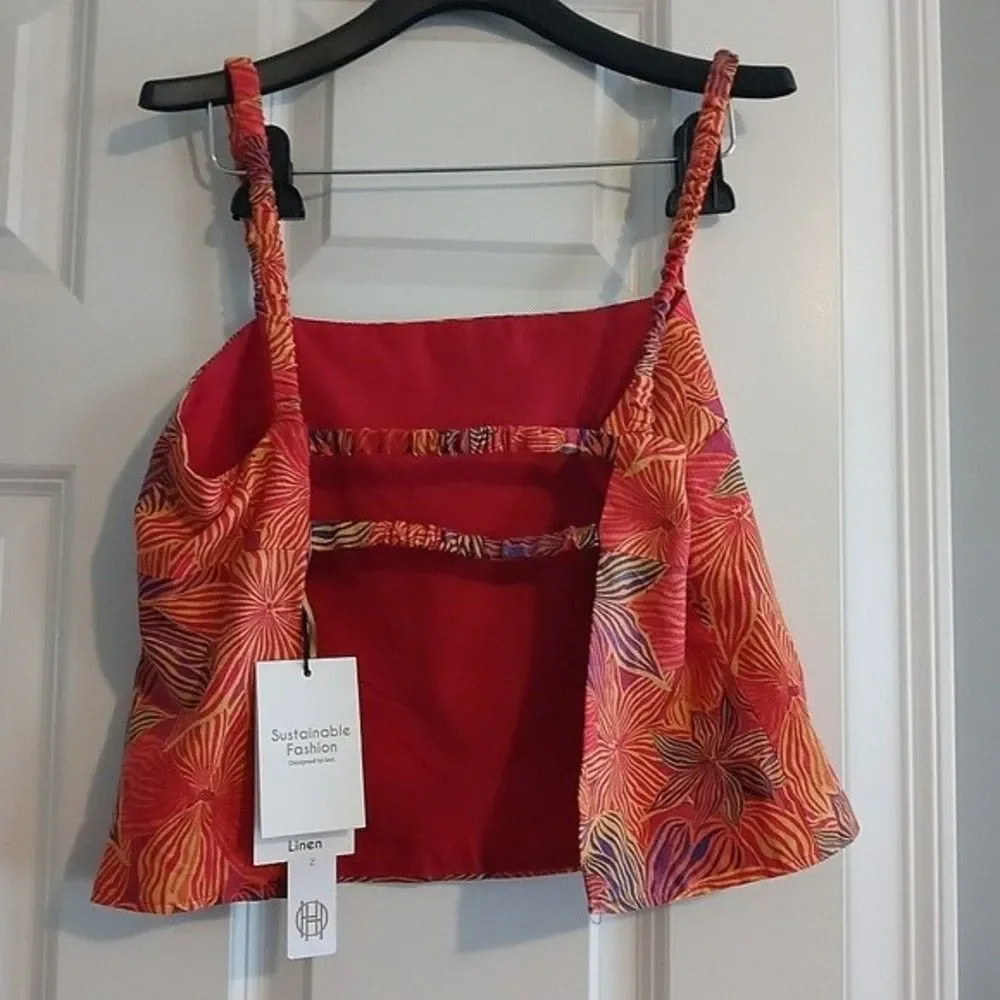 NWT House of Harlow 1960 Tropical Print Open Back Linen Blend Tank Top - Picture 2 of 6